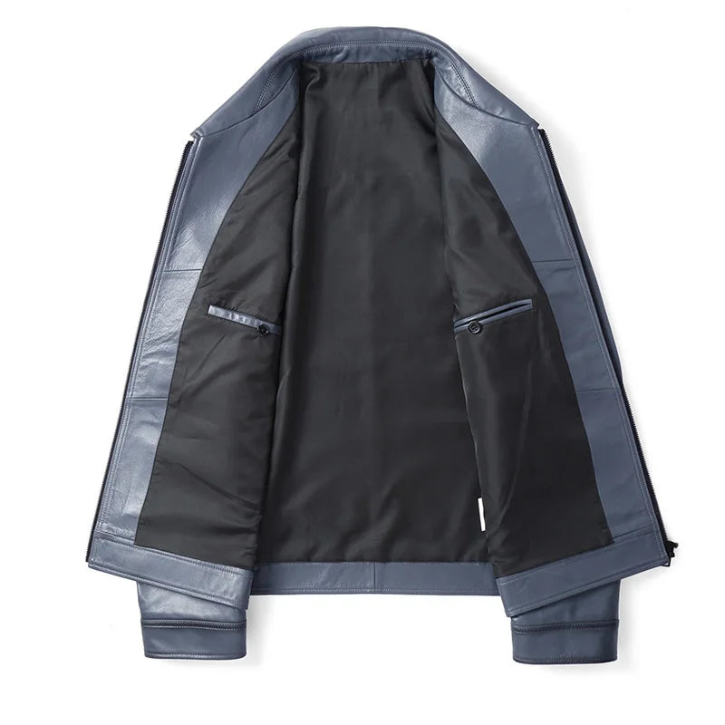 Men's Blue Sheepskin Leather Jacket, Slim Lapel Style Coat | Vexaroa