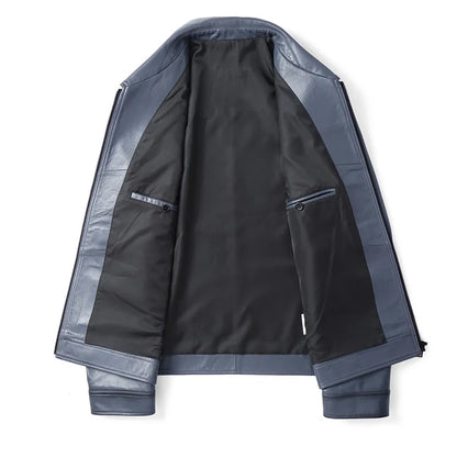 Men's Blue Sheepskin Leather Jacket, Slim Lapel Style Coat | Vexaroa