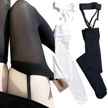 Sexy Suspender Thigh High Stockings Velvet Thin Black White Irregular Exposed Skin Lolita JK Japanese Knee High Socks Tight
