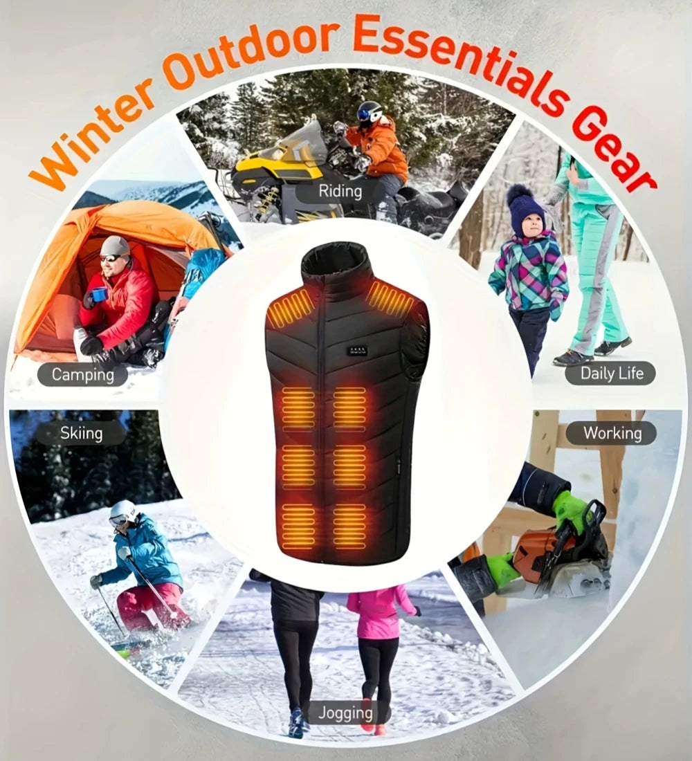 Heated vest with winter activities depicted around it, labeled 'Winter Outdoor Essentials Gear'.