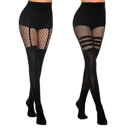 Vexaroa Black Fishnet Suspender Pantyhose Hollow-Out Thigh Tights