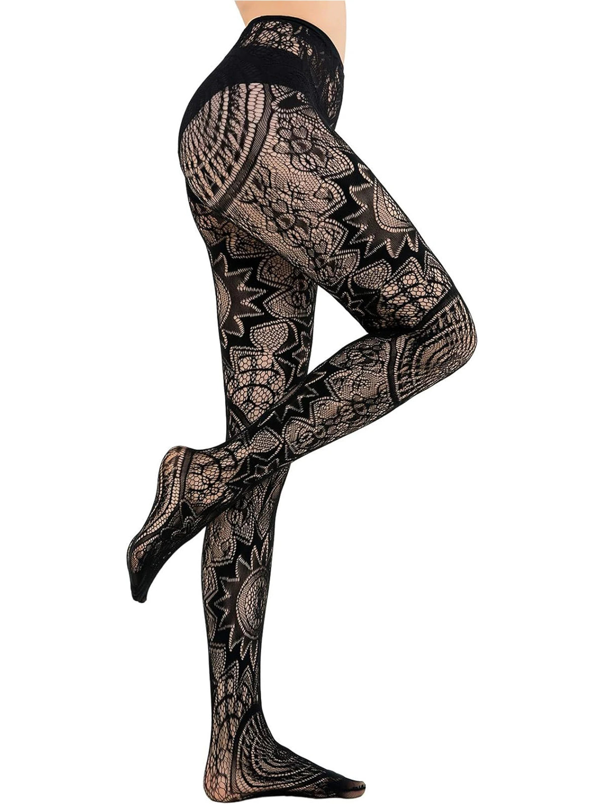Black lace patterned tights on a white background