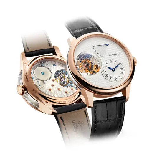 Two luxury wristwatches with rose gold cases and black leather straps, shown on a clean white background. One watch is positioned to show the detailed skeletonized dial with a visible tourbillon, while the other is angled to show the back casing and internal movement.