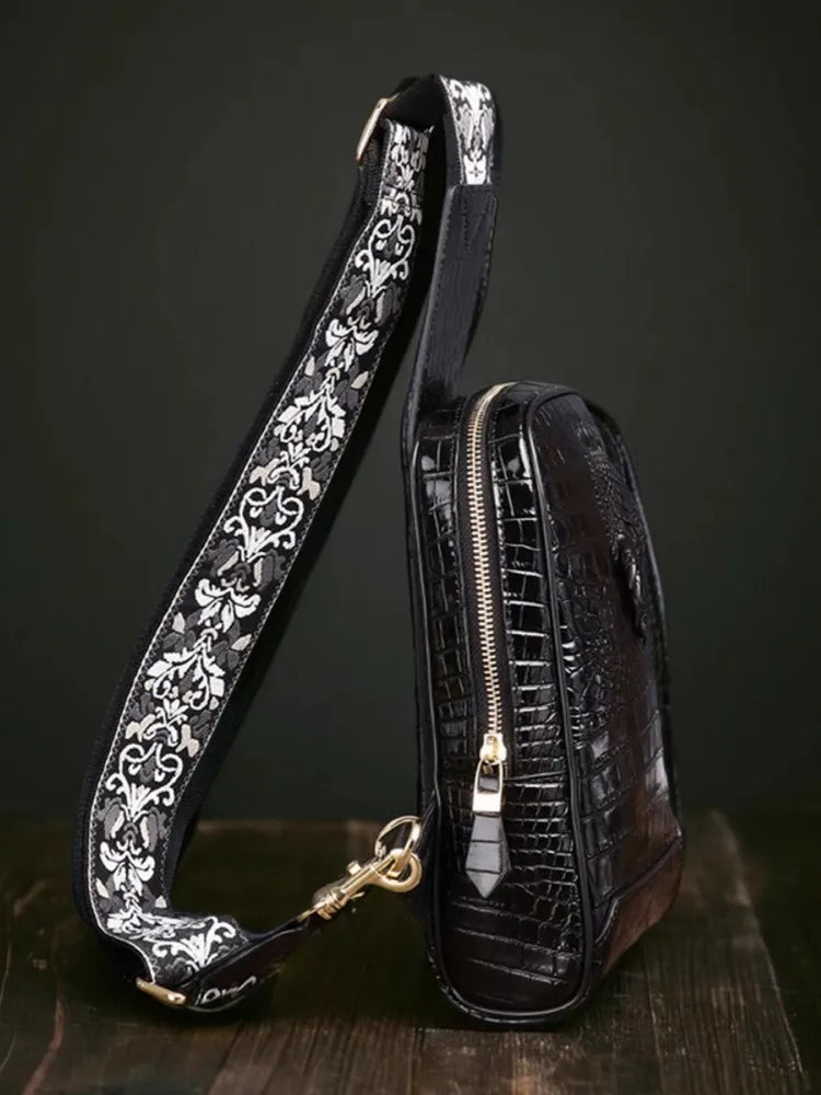 Men's Croc Leather Travel Chest Bag Floral Strap | Vexaroa
