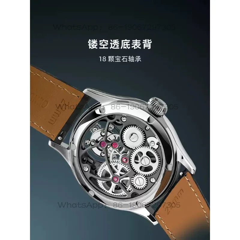 A close-up of a skeleton watch showing the transparent back case and exposed mechanical gears, with a tan leather strap visible on both sides. Chinese text appears above the watch, and there are faint WhatsApp watermarks across the image.