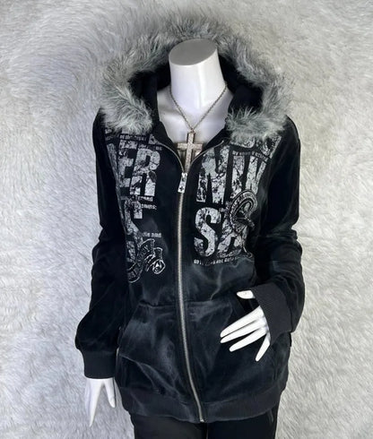 Vintage Popular Dark Rock Hip Hop Print Sports Sweater Women Y2K Streetwear Casual Joker Plus Velvet Padded Fur Collar Hoodies
