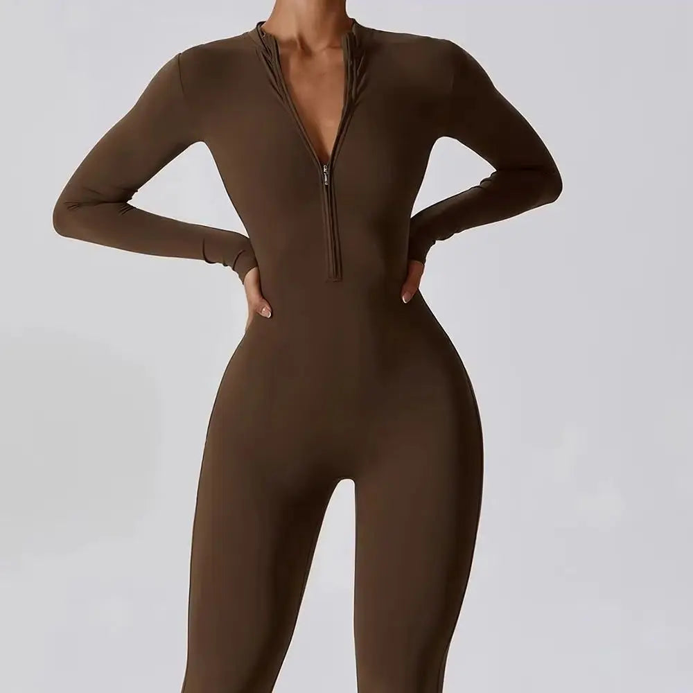 Brown bodysuit with a zipper on a gray background