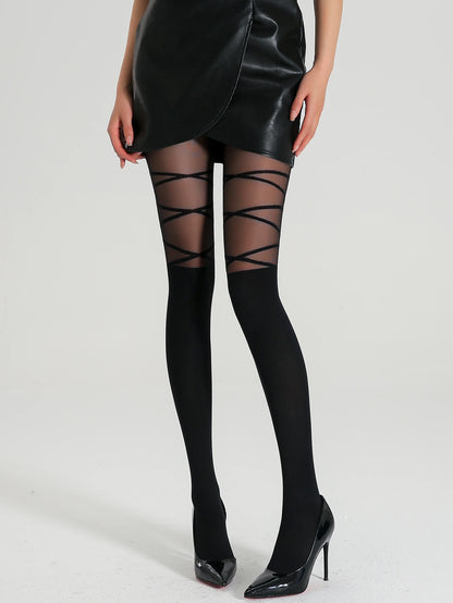 A pair of women's stylish striped pantyhose with thigh-strap high elastic translucent tights