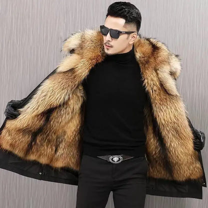 Men Faux Fur Hooded Parka Coat Padded Jacket Winter Outwear Lining Non-detachable Machine-wash Available