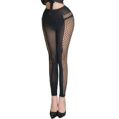 Coffee Black Side Hollow Out Mesh Pantyhose Women's Sexy Striped Vertical Grain Tights JK Breathable Fishnet Stockings