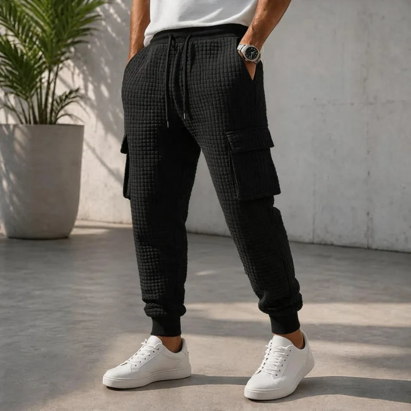 Men-Waffle-Quilted-Cargo-Jogger-Pants,Elastic-Drawstring-Sweatpants-Ribbed-Ankle-Cuffs-Casual-Streetwear-Trousers-Autumn-Winter
