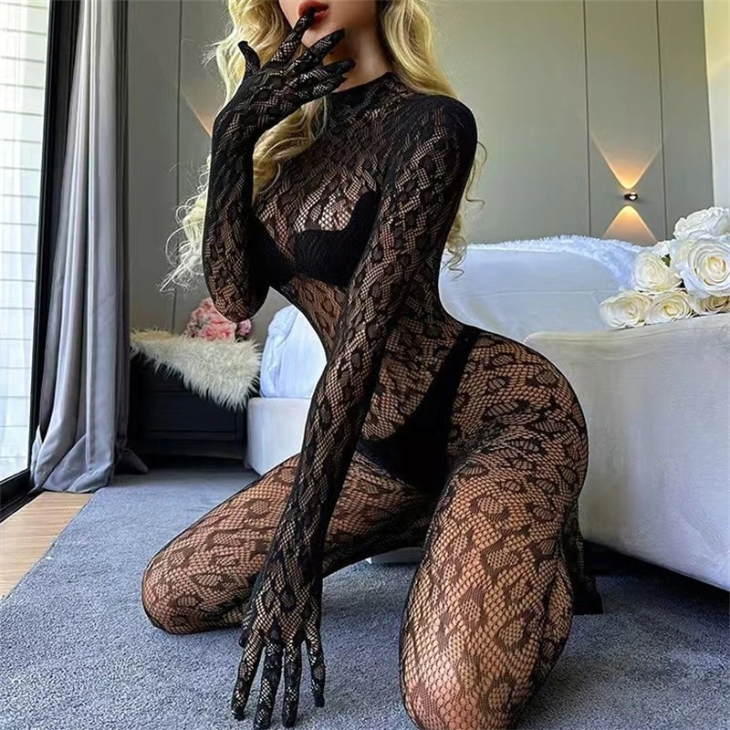 Vexaroa Leopard Mesh Fishnet Bodysuit Lingerie Jumpsuit