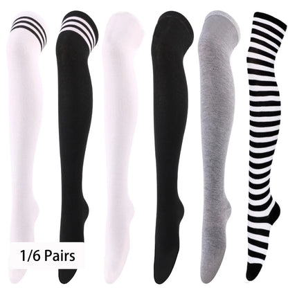 Stocking Over Knee Socks Fashion Women Keep Warm Slim Long Socks Black White Striped Hosiery