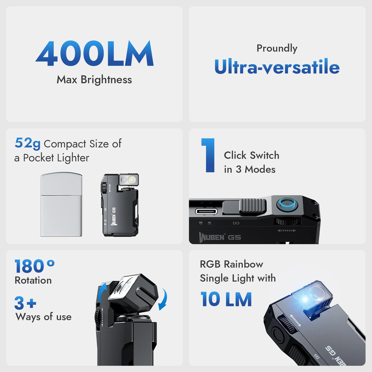 Vexaroa G5 Rechargeable EDC Flashlight 400 Lumens RGB Light
