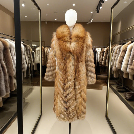 A long fur coat displayed on a white mannequin torso inside a boutique. The coat has a large shawl collar and wide sleeves, with a warm tan and cream fur pattern.