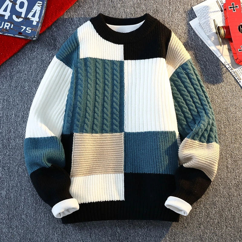 Vexaroa Men's Plaid Knit Sweater – Casual Loose Warm Patchwork Pullover