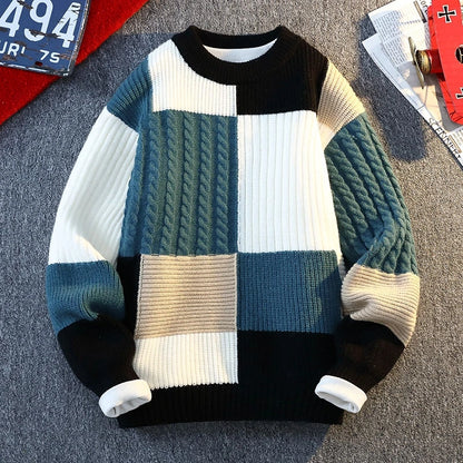 Vexaroa Men's Plaid Knit Sweater – Casual Loose Warm Patchwork Pullover
