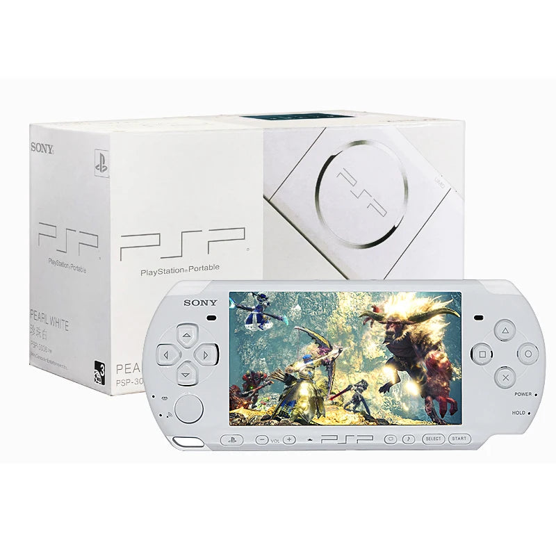 White Sony PlayStation Portable (PSP) gaming console with game display on a white background