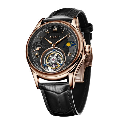 Accop Automatic Tourbillon watch with a black leather strap, silver-tone case, and a detailed black dial featuring a visible tourbillon and sun-and-moon markers.