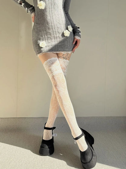 Women Fishnets Stockings Sexy Lace Fishnet Floral Knee High Socks Breathable Hollow-out JK Mesh Lolita Retro Thigh Highs Socks