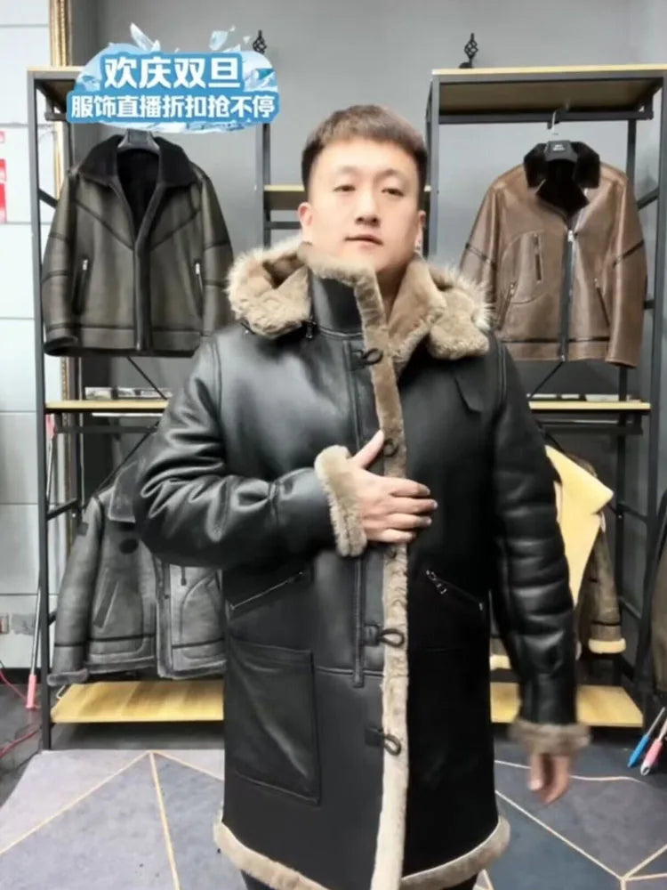 Men's Sheepskin Shearling Pilot Coat Raccoon Hood | Vexaroa
