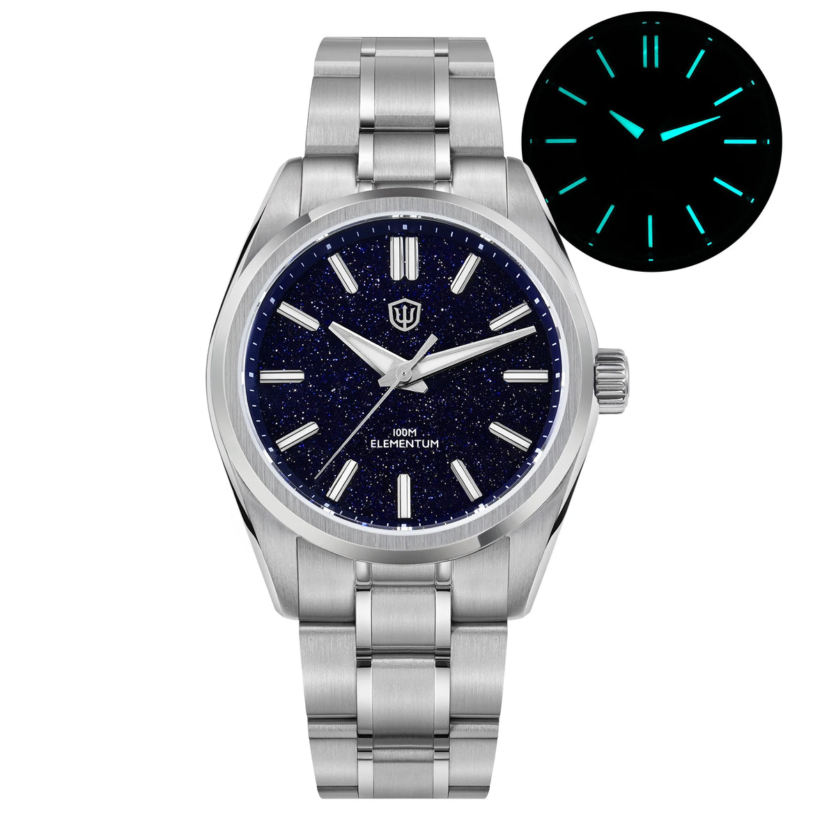 Silver watch with dark blue face and inset showing glowing blue hands on a white background
