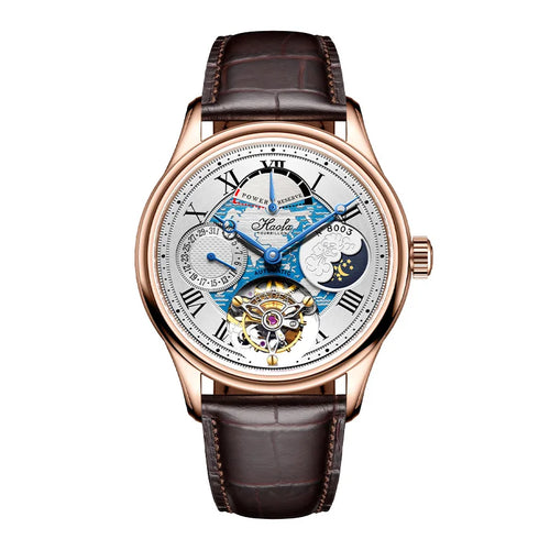 A luxury wristwatch featuring a rose gold case, a brown alligator leather strap, and a highly detailed skeleton dial with blue and gold mechanical elements, set against a plain white background.