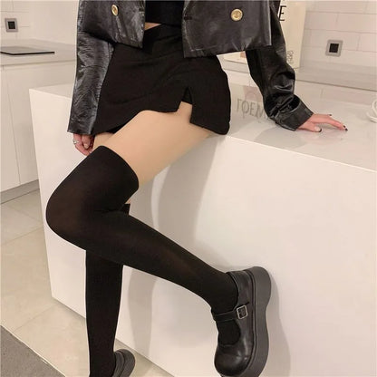Women's Style Over-the-Knee Tights Contrast Color Sheer to Illusion Pantyhose 3 Colors