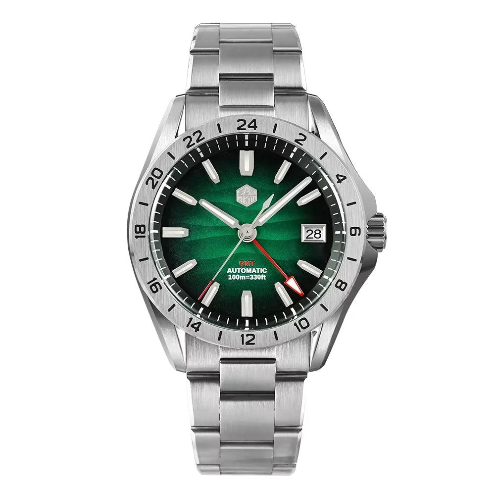 TAG Heuer Grey Automatic watch with a green sunburst dial, silver stainless steel case and bracelet, and a black rotating bezel.