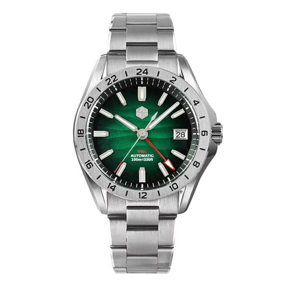 TAG Heuer Grey Automatic watch with a green sunburst dial, silver stainless steel case and bracelet, and a black rotating bezel.