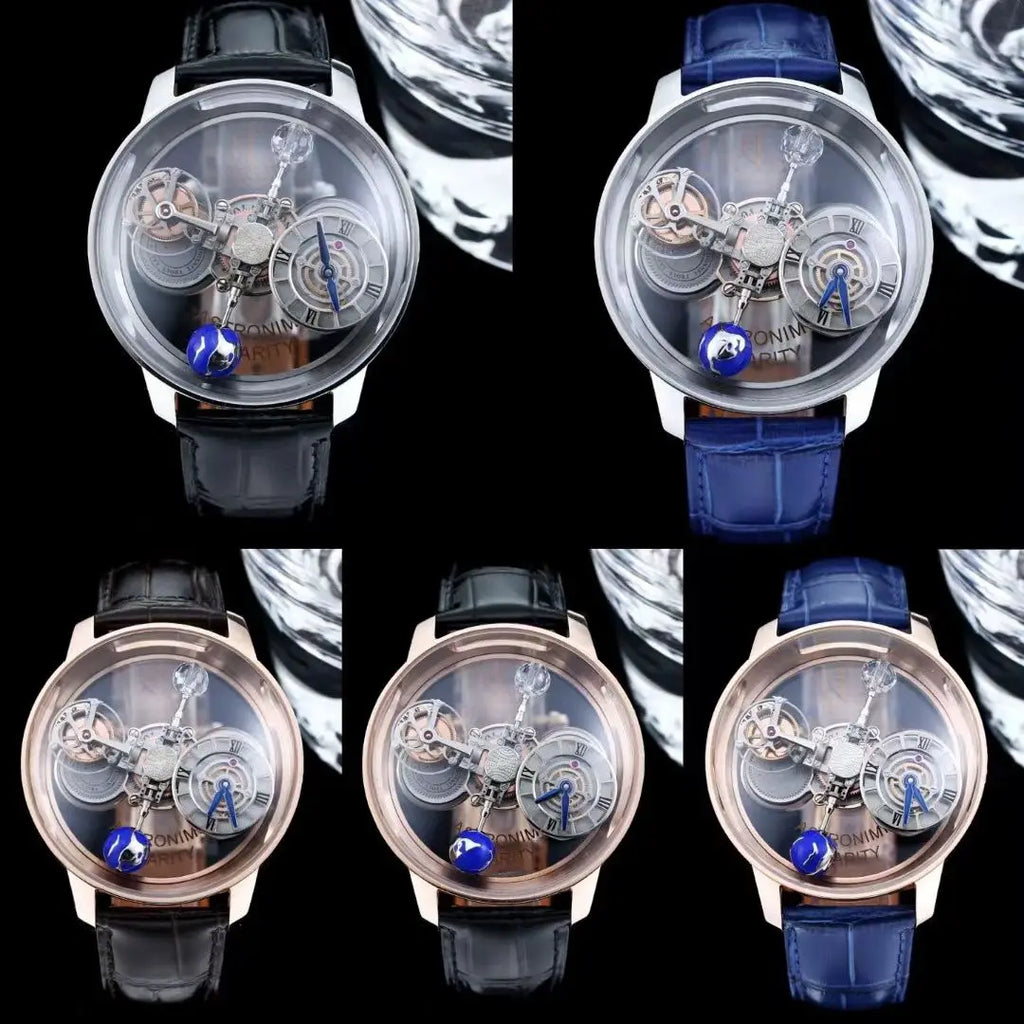 Six skeleton wristwatches arranged in a 2x3 grid on a black background, each with a different strap color: black, blue, and rose gold. The watches feature transparent cases revealing intricate mechanical gears, with blue accents and a small blue bead on the dial.