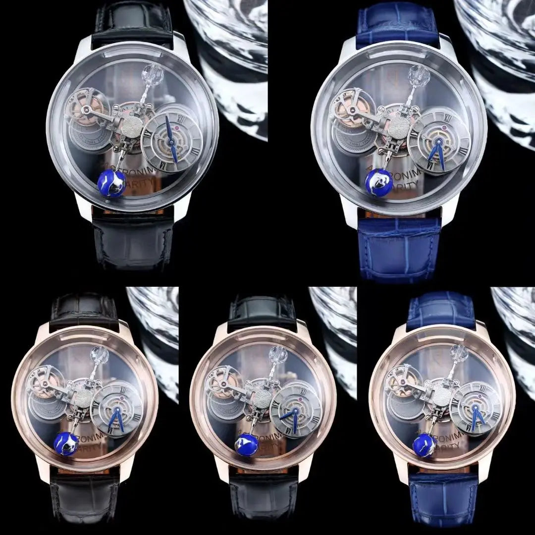 Six skeleton wristwatches arranged in a 2x3 grid on a black background, each with a different strap color: black, blue, and rose gold. The watches feature transparent cases revealing intricate mechanical gears, with blue accents and a small blue bead on the dial.