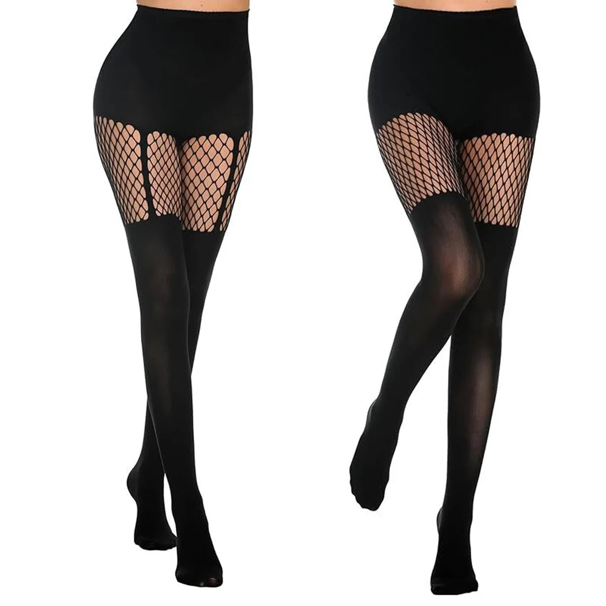 Vexaroa Black Fishnet Suspender Pantyhose Hollow-Out Thigh Tights