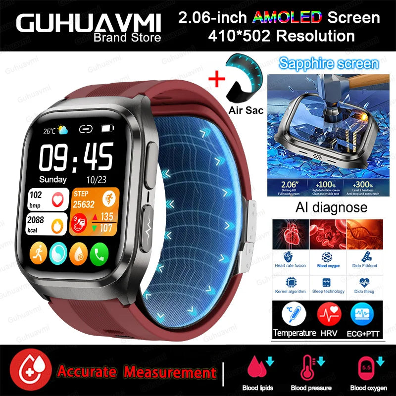 Smartwatch with red band and features highlighted on a promotional graphic