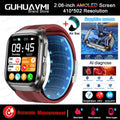 Smartwatch with red band and features highlighted on a promotional graphic