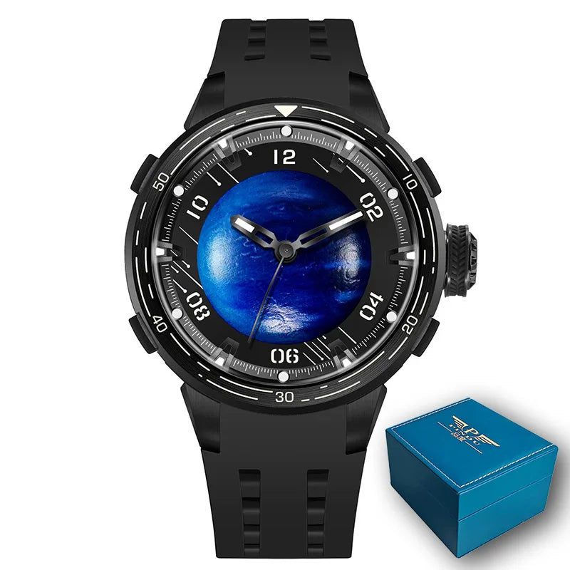 A rugged black sports watch with a textured silicone strap and a round bezel, featuring a blue planet graphic on the dial. A small blue branded presentation box is shown in the lower right corner against a plain white background.