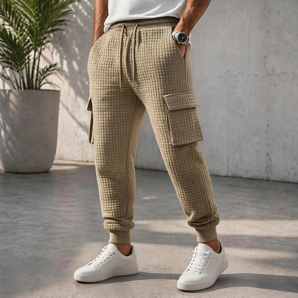 Men-Waffle-Quilted-Cargo-Jogger-Pants,Elastic-Drawstring-Sweatpants-Ribbed-Ankle-Cuffs-Casual-Streetwear-Trousers-Autumn-Winter