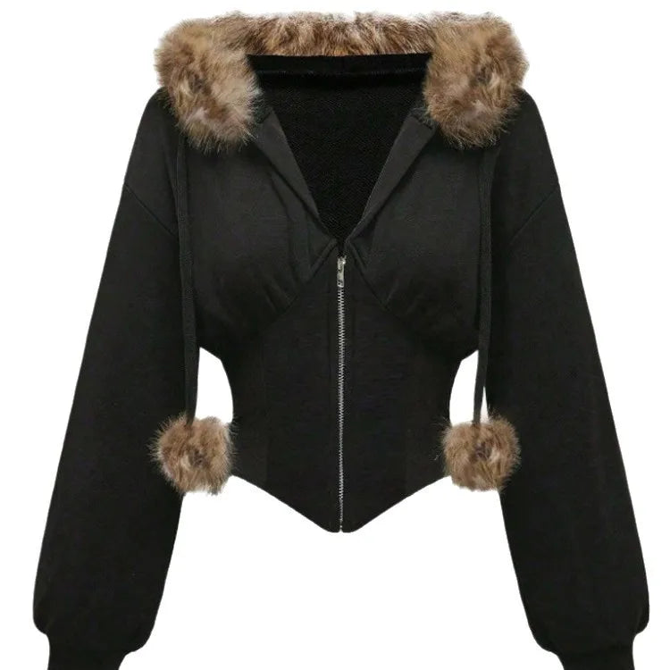 Autumn Winter Faux Fur Collar Solid Hooded Coats Women Casual Slim Waist Zip Hoodies Gothic Jackets Chic Streetwear