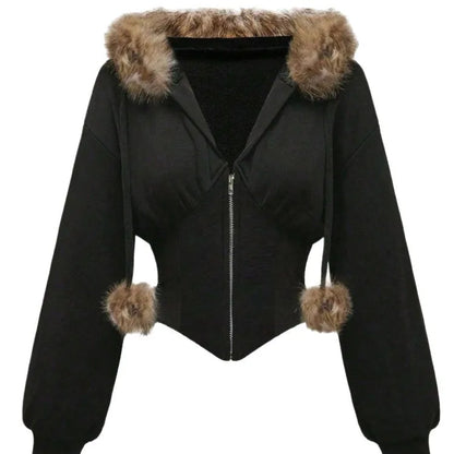 Autumn Winter Faux Fur Collar Solid Hooded Coats Women Casual Slim Waist Zip Hoodies Gothic Jackets Chic Streetwear