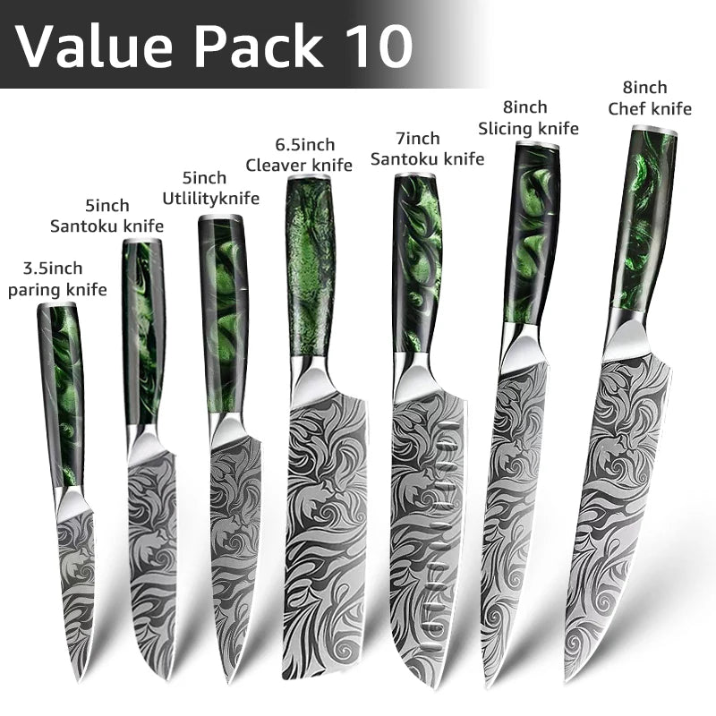 Kitchen Knife Set Stainless Steel Ultra Sharp Paring Boning Santoku Cleaver Bread Chef Knife with Green Resin Handle