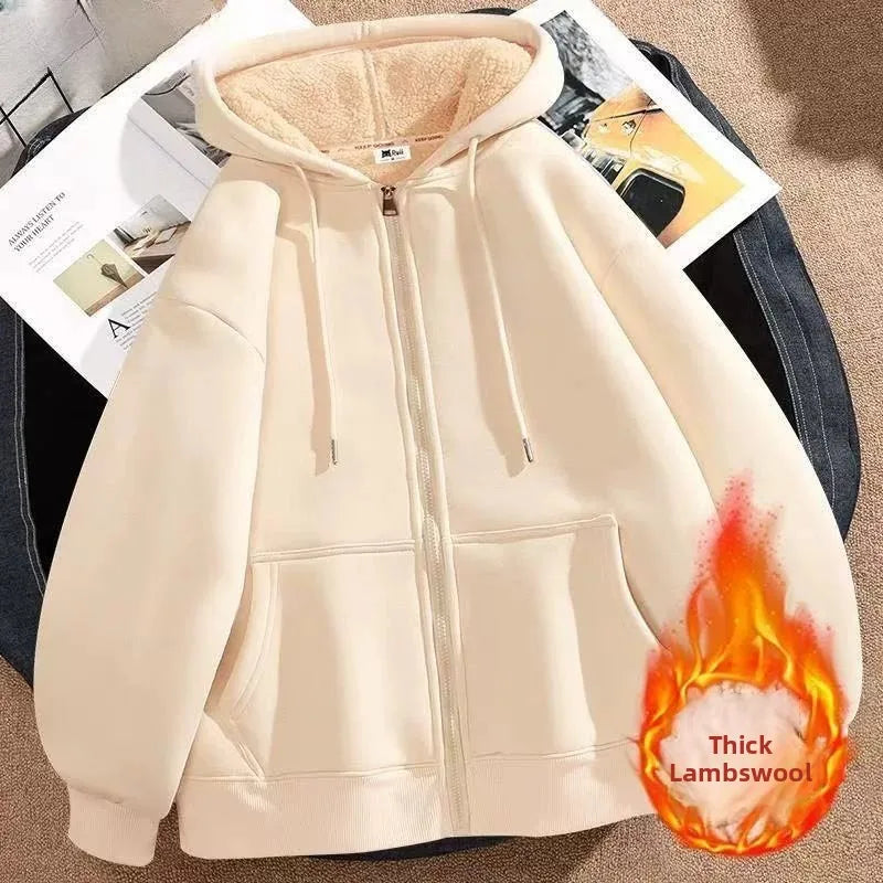 Women's Fleece Lined Hoodie Jacket Thickened Cotton Winter Open Cardigan New Style Lamb Velvet Warm Early Winter Thickened