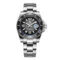 Silver watch with black dial on a white background
