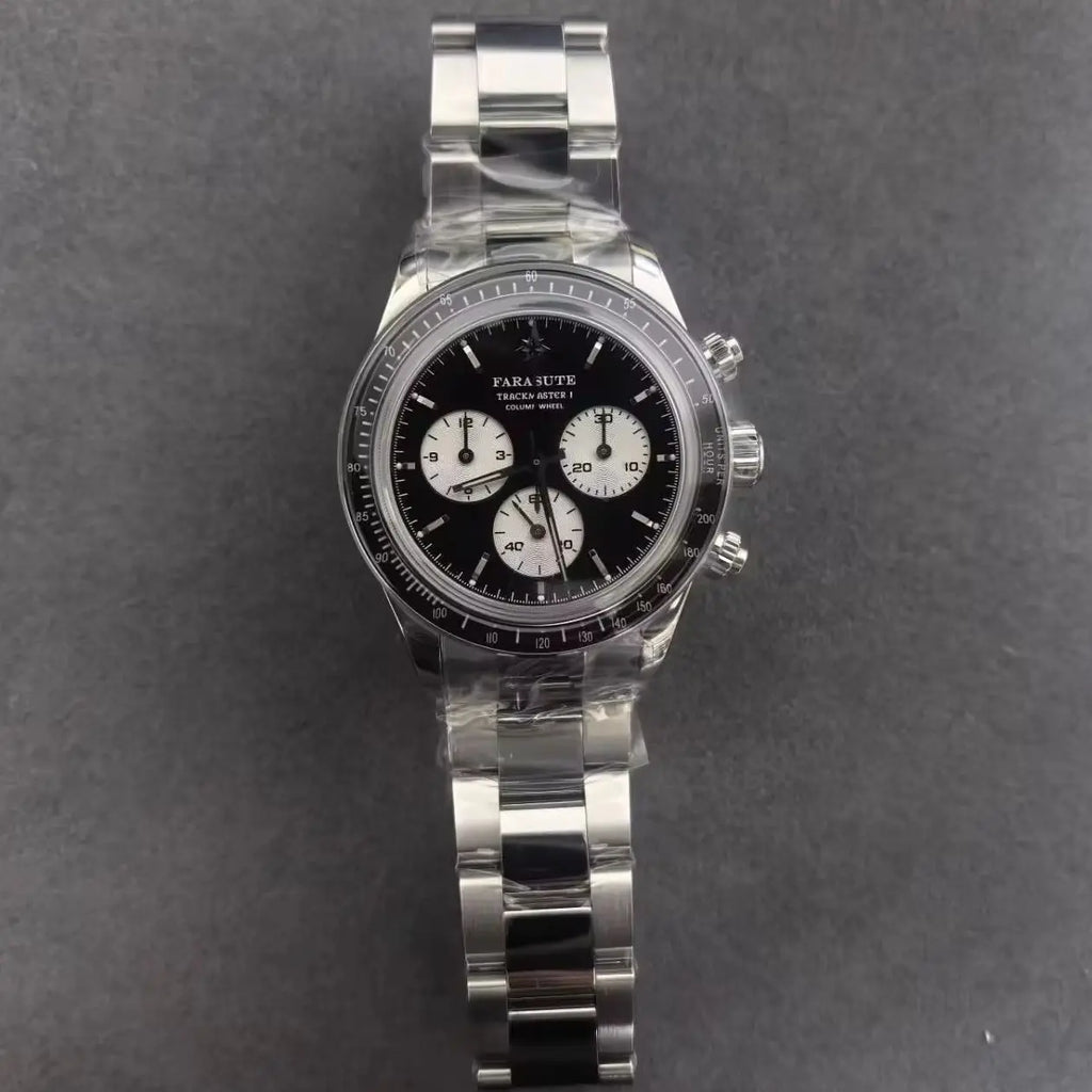 A Parachease chronograph watch with a black dial, silver-tone stainless steel case and bracelet, and white subdials, shown on a dark gray textured background.
