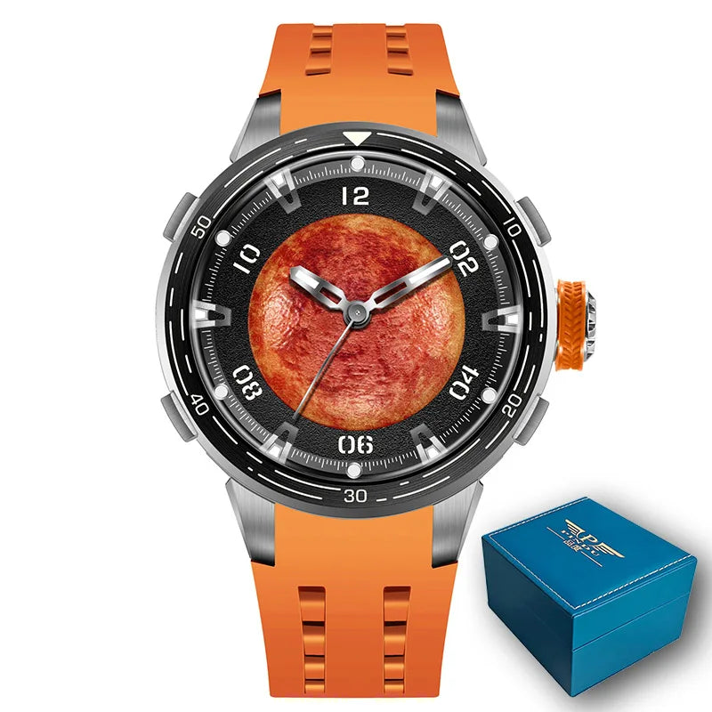 An orange silicone strap watch with a round silver-tone case and a black dial featuring a pizza graphic in the center. A small blue presentation box is shown in the lower right corner on a white background.