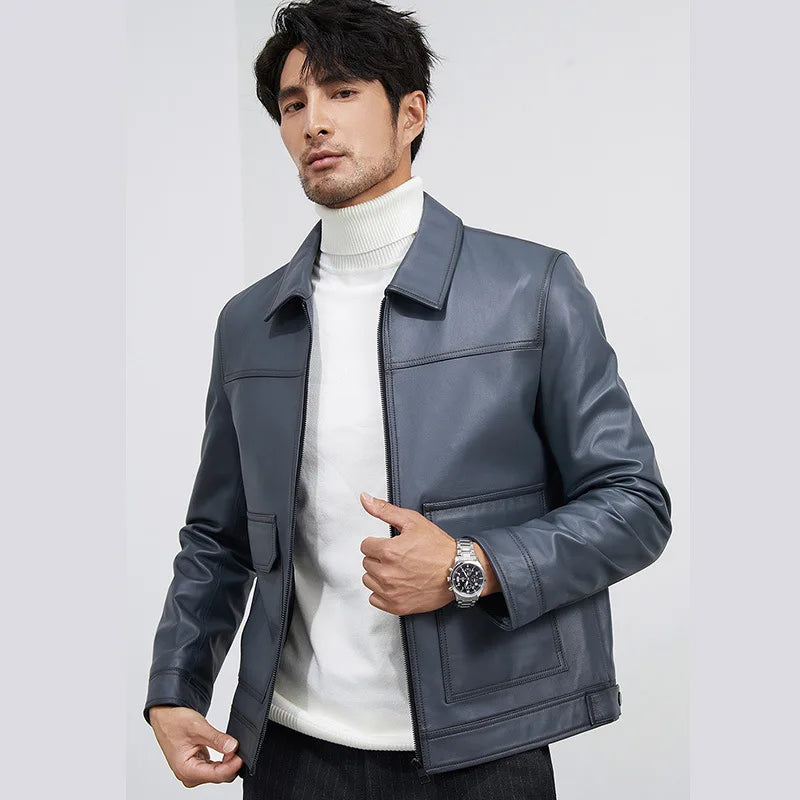 Men's Blue Sheepskin Leather Jacket, Slim Lapel Style Coat | Vexaroa