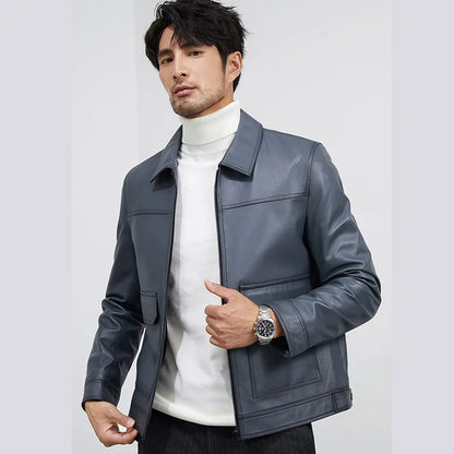 Men's Blue Sheepskin Leather Jacket, Slim Lapel Style Coat | Vexaroa