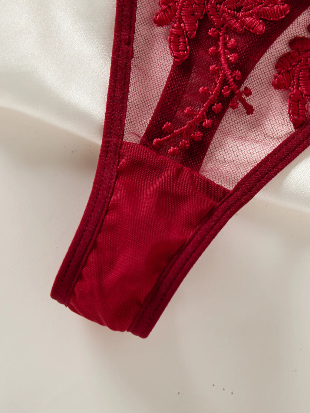 Vexaroa Wine Red Wheat Embroidery Sheer Nightgown Bow