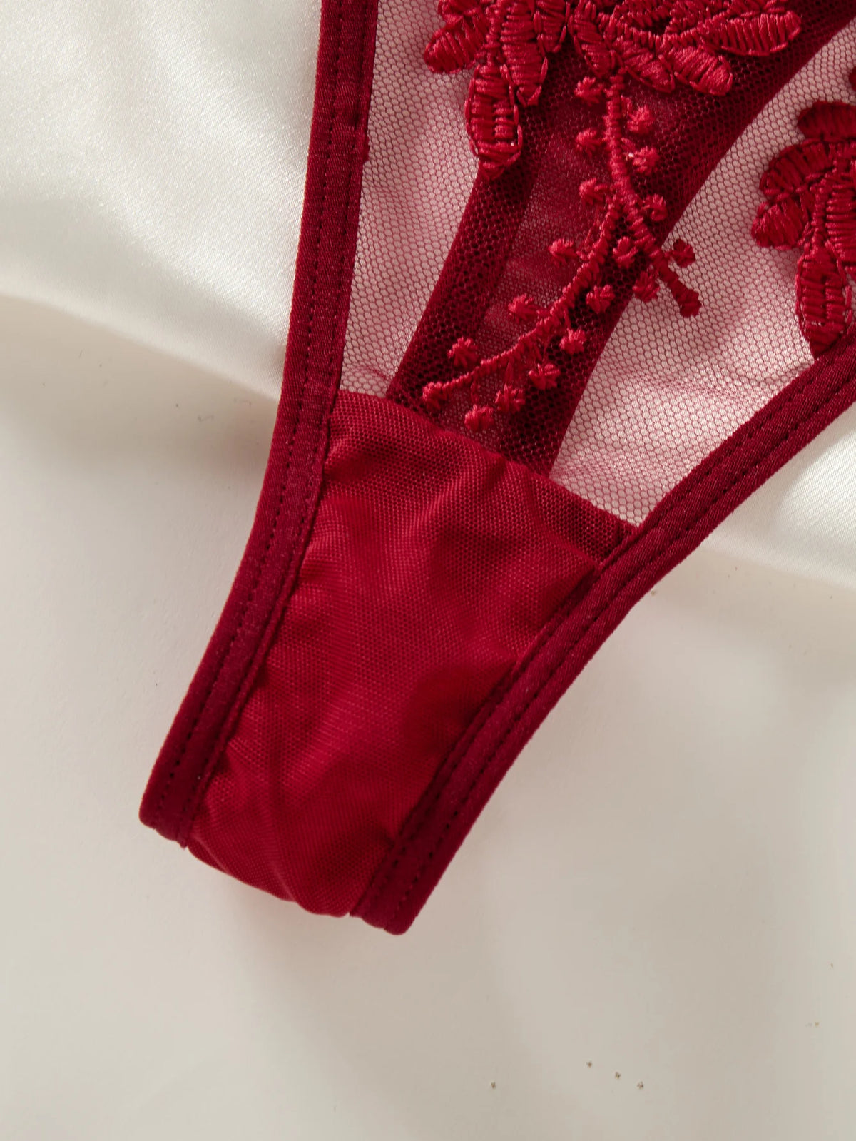 Vexaroa Wine Red Wheat Embroidery Sheer Nightgown Bow