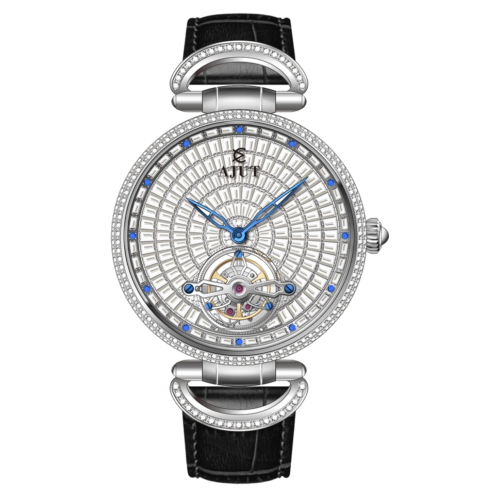Luxury watch with intricate design and black leather strap on white background