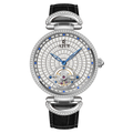 Luxury watch with intricate design and black leather strap on white background